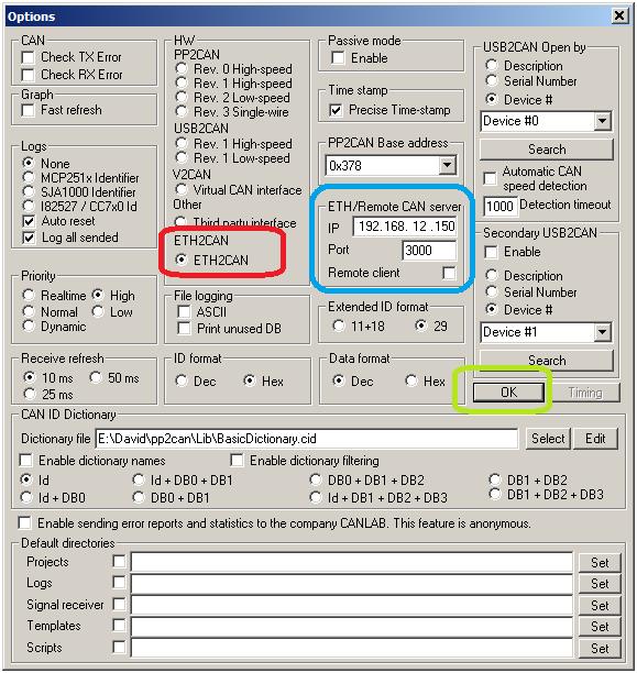 V nastavení Options vyberte převodník ETH2CAN a nastavte IP adresu a port převodníku a port na kterém převodník naslouchá. Z výroby je nastavena IP adresa 192.168.12.150, port 3000.
