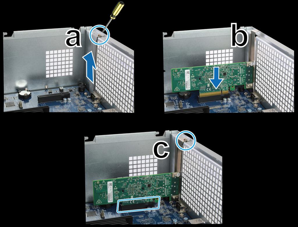 Připojení síťové karty do zařízení RackStation Zařízení RackStation podporuje jednu přídavnou síťovou kartu PCIe x8. Instalace síťové karty: 1 Vypněte zařízení RackStation.