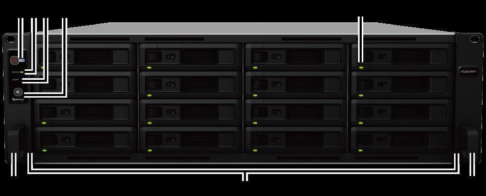 Stručné informace o zařízení Synology RackStation Přední část Číslo Název položky Umístění Popis 1 Tlačítko a kontrolka napájení 2 Kontrolka Status 3 Kontrolka výstrahy 4 Tlačítko vypnutí zvukového