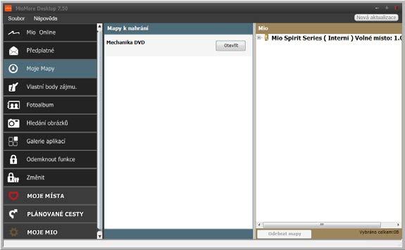 Položka Stažitelné mapy Moje Mio Odebrat mapy Popis Zobrazí se seznam map ze staženého souboru s daty ISO nebo které lze zakoupit prostřednictvím webových stránek prodejny Mio.