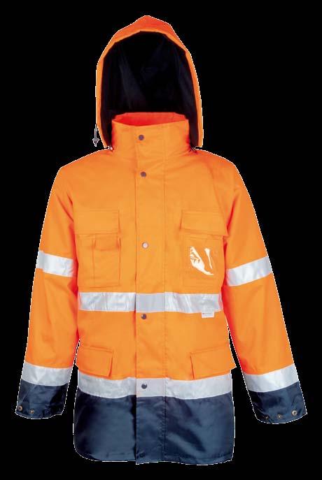 kapuce, oboustranný krytý zip s druky, 5 kapes reflective jacket with hood, outshell 100% polyester coated polyurethane, dark colour 100% nylon coated PVC, lining