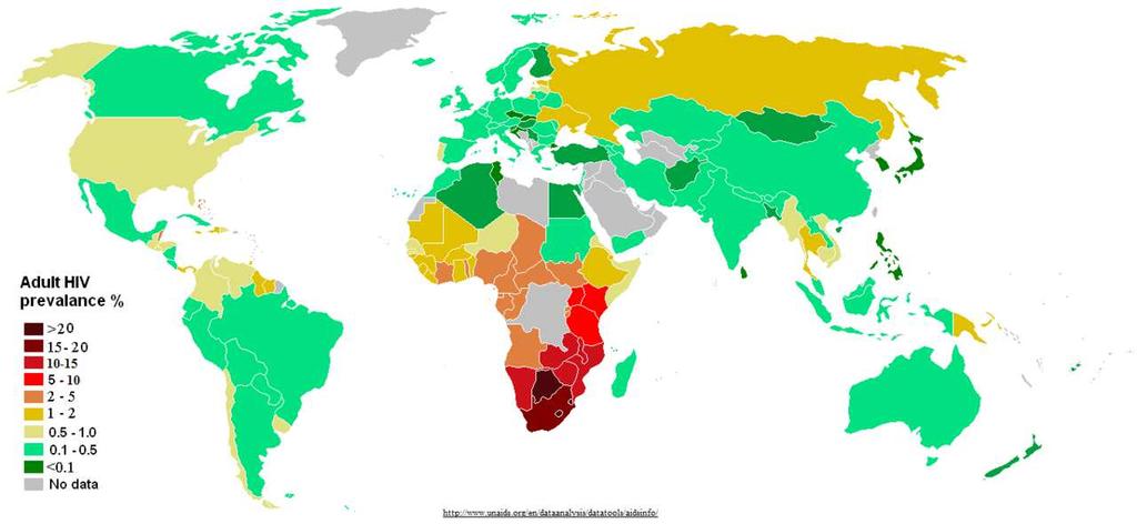 Rozšíření nákazy HIV ve světě (barevná škála ukazuje podíl nakažených v procentech na populaci jednotlivých států): Zdroj: http://cs.wikipedia.org/wiki/aids#mediaviewer/soubor:hiv_epidem.