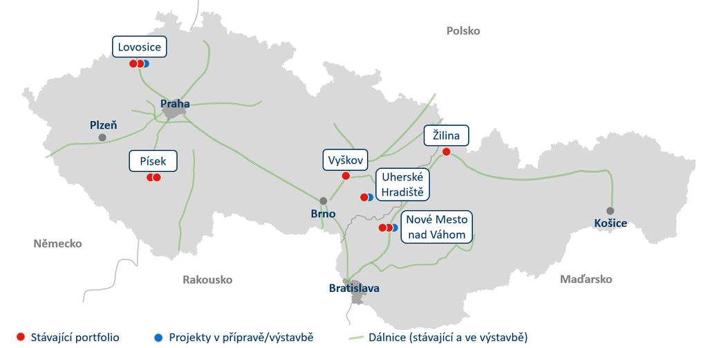 3) Nemovitostní portfolio Nemovitostní portfolio podfondu tvořilo ke konci roku deset areálů na území České republiky a Slovenska, které jsou ve vlastnictví jednotlivých projektových společností.