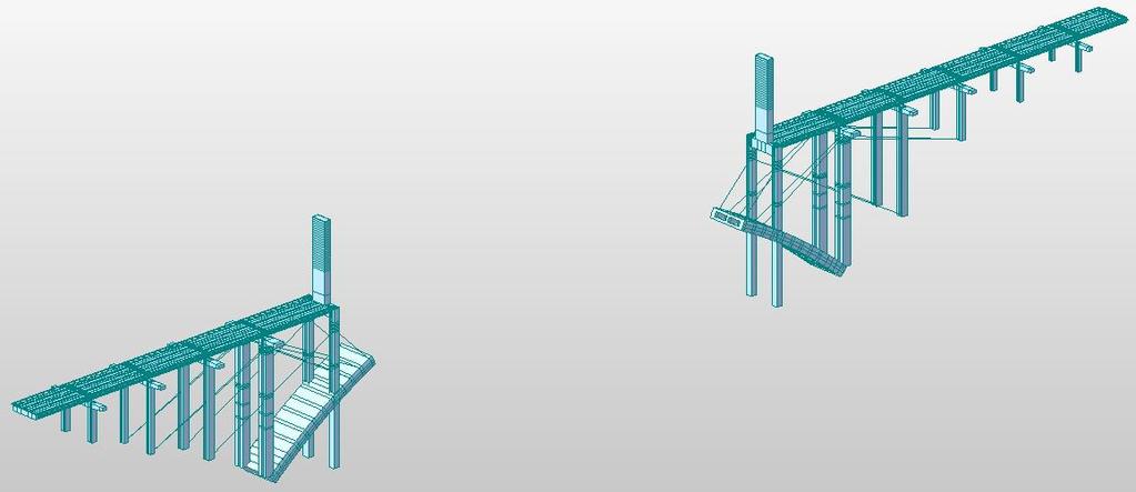 Obr. 5: Fáze výstavby 18 postupně byly vybetonovány spodní podpůrné pilíře pod stojkami, stojky a následně horní provizorní pylon pro další vyvěšování oblouku.