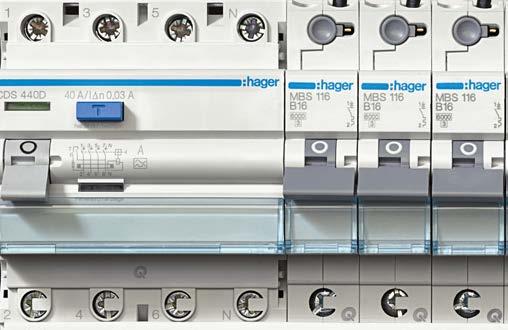 RCBO 3 kombinovaný proudový chránič s jističi 3 x +N od společnosti Hager RCBO 3 - kombinace 4P proudového chrániče se třemi jednopólovými jističi pro tři 230 V AC obvody.