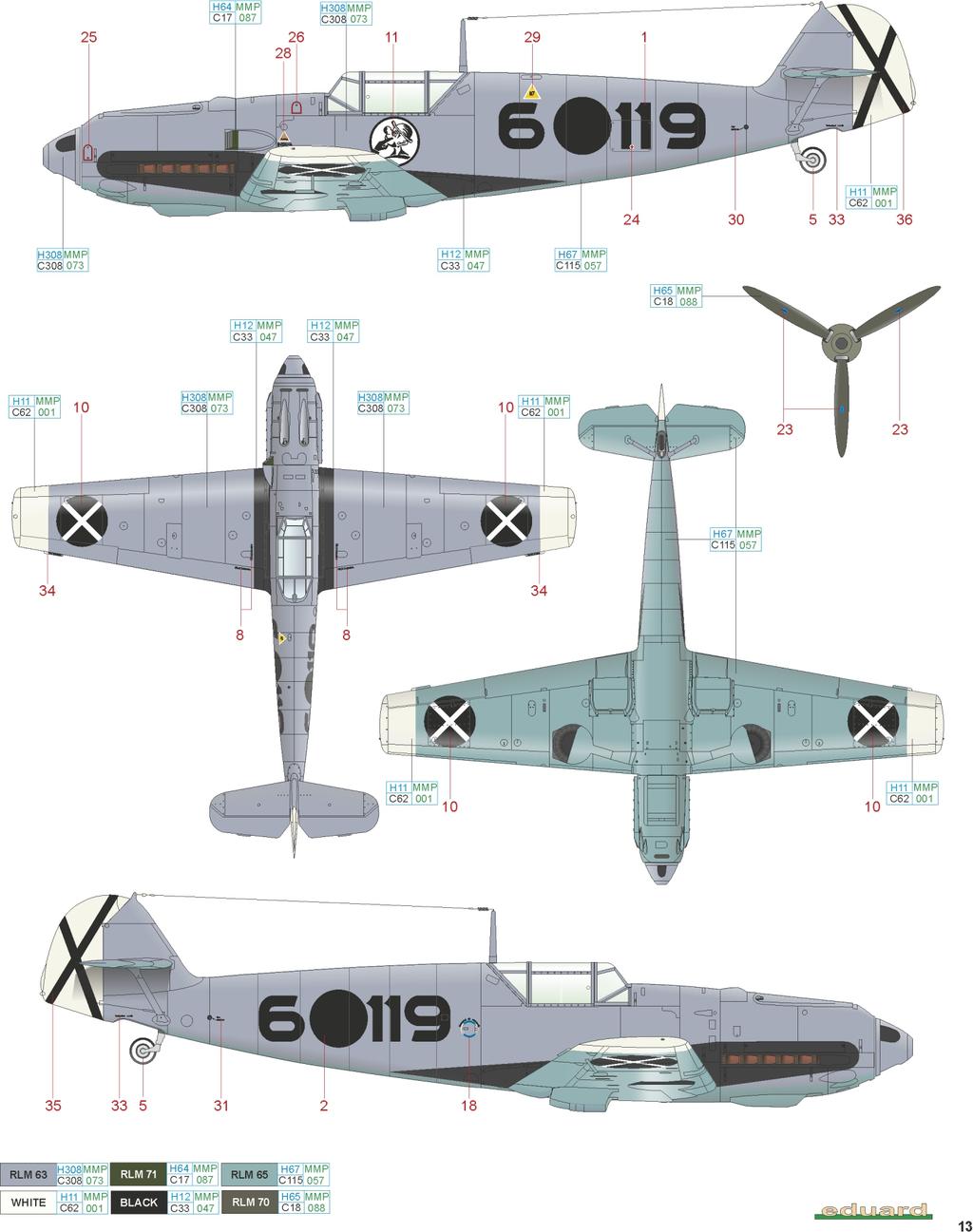 B Bf 109E-1, Oblt. Siebelt Reents, 1. J/88, León, Španělsko, jaro 1939 Stroje 1. J/88 nosily na levé straně trupu emblém známý jako dřevěné oko (Holzauge), autorem kresby byl právě Reents.