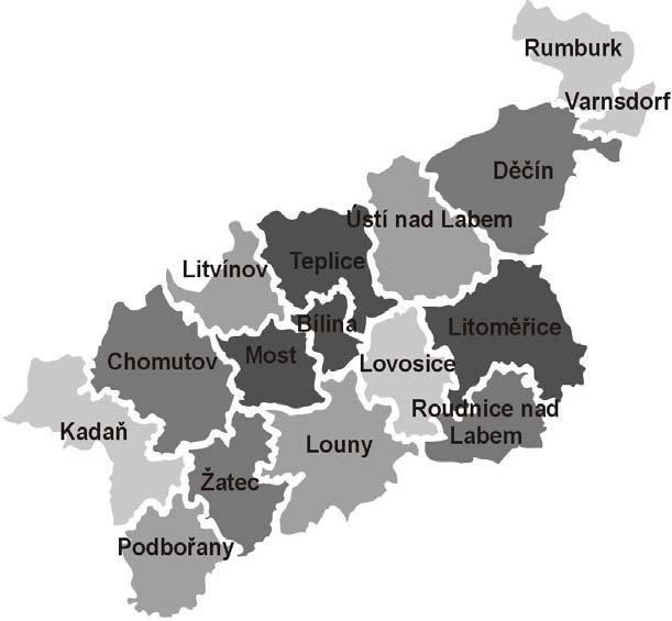 Regionální struktura rozdělení korigované míry rizika v obcích s rozšířenou působností (ORP) v roce 2003 Administrativní mapa rozložení korigované míry rizika průmyslové produkce Ω