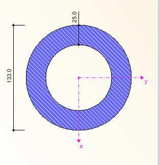 Průřez: Obr. 31 - RO 133x25 Průřezová charakteristika Symbol Hodnota Jednotky Vnější průměr D 133000 mm Tloušťka stěny t 25000 mm Plocha průřezu A 84820 cm 2 Moment setrvačnosti (plošný moment 2.