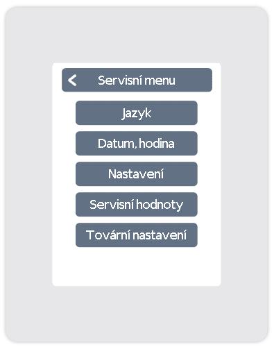 Menu Servis Přehled > Provozní režim > Hlavní Menu > Servis Jazyk Nastavení jazyka zařízení. Čas, datum Nastavení času a data a automatický přechod léto/zima.