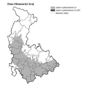 Obrázek 1: Vymezení oblastí OZKO, zóna Olomoucký kraj na základě dat 2004 na základě dat 2005 území s překročením LV 6,5% území s překročením LV 49,1% území s překročením LV+MT