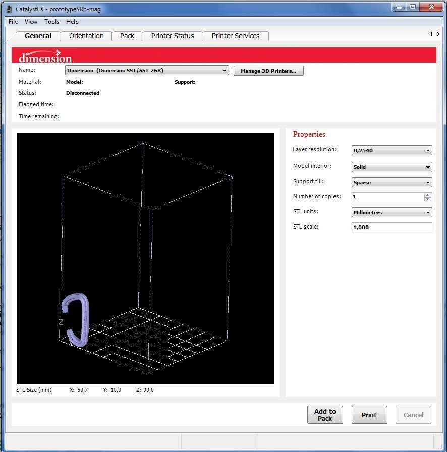 Zpracování dat v sw. CatalystEX pro zařízení Dimension sst768 1. Otevřít STL model, 2. Volba tiskárny, 3.