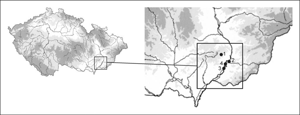 2 DANA MENOUŠKOVÁ MAREK FIKRLE Obr. 1. Lokality na výseku z mapy ČR. 1 Velehrad Dolní Rákoš; 2 Uherské Hradiště Sady, Kotvice; 3 Ostrožská Nová Ves; 4 Kunovice.