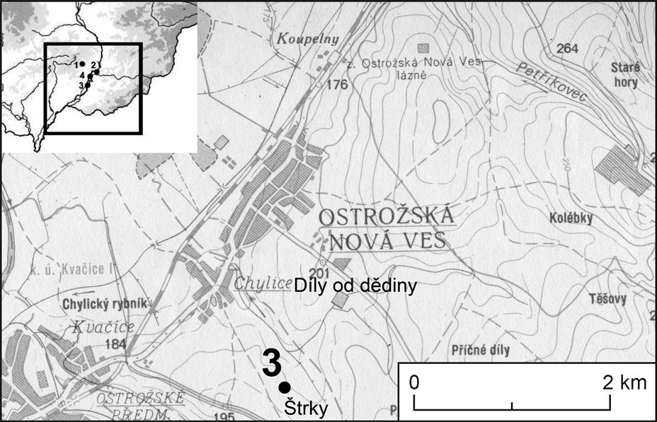 8 DANA MENOUŠKOVÁ MAREK FIKRLE Obr. 6. Poloha Štrky (3) pravděpodobná lokalizace Botkova výzkumu únětických hrobů v Ostrožské Nové Vsi Dílů od dědiny na výseku ze Základní mapy 35-11.