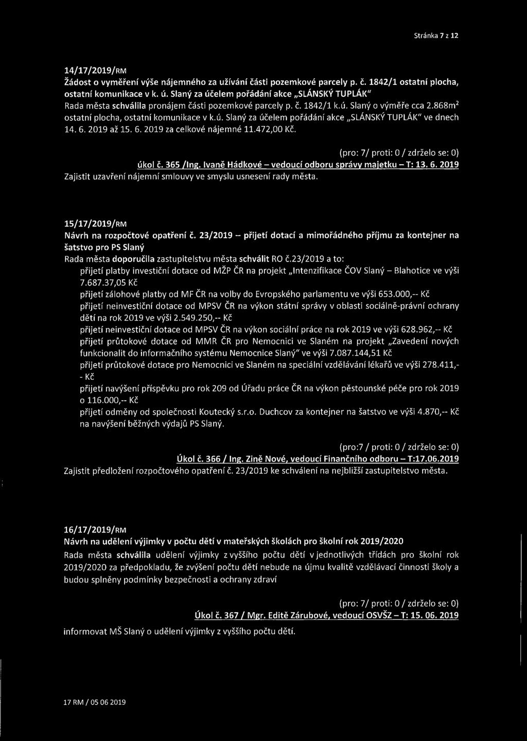 6. 2019 až 15. 6. 2019 za celkové nájemné 11.472,00 Kč. (pro: 7/ proti: 0 / zdrželo se: 0) úkol č. 365 /Ing. Ivaně Hádkové - vedoucí odboru správy majetku - T: 13. 6. 2019 Zajistit uzavření nájemní smlouvy ve smyslu usnesení rady města.
