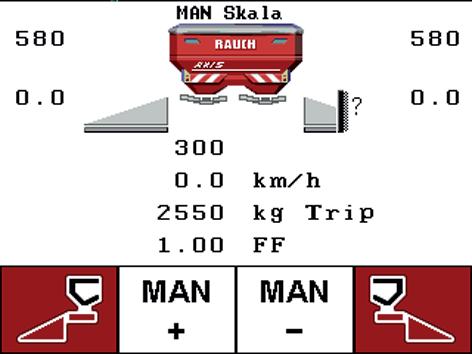 Stupnice MAN: ruční provoz s hodnotou stupnice 1. Vyvolejte nabídku Nastavení stroje > Provoz AUTO/MAN. 2. Označte položku menu MAN stupnice. Na displeji se zobrazí nabídka Otevření hradítek. 3.