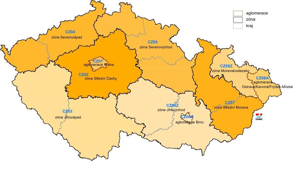 Obrázek 1: Vymezení zón a aglomerací pro posuzování a vyhodnocení úrovně znečištění