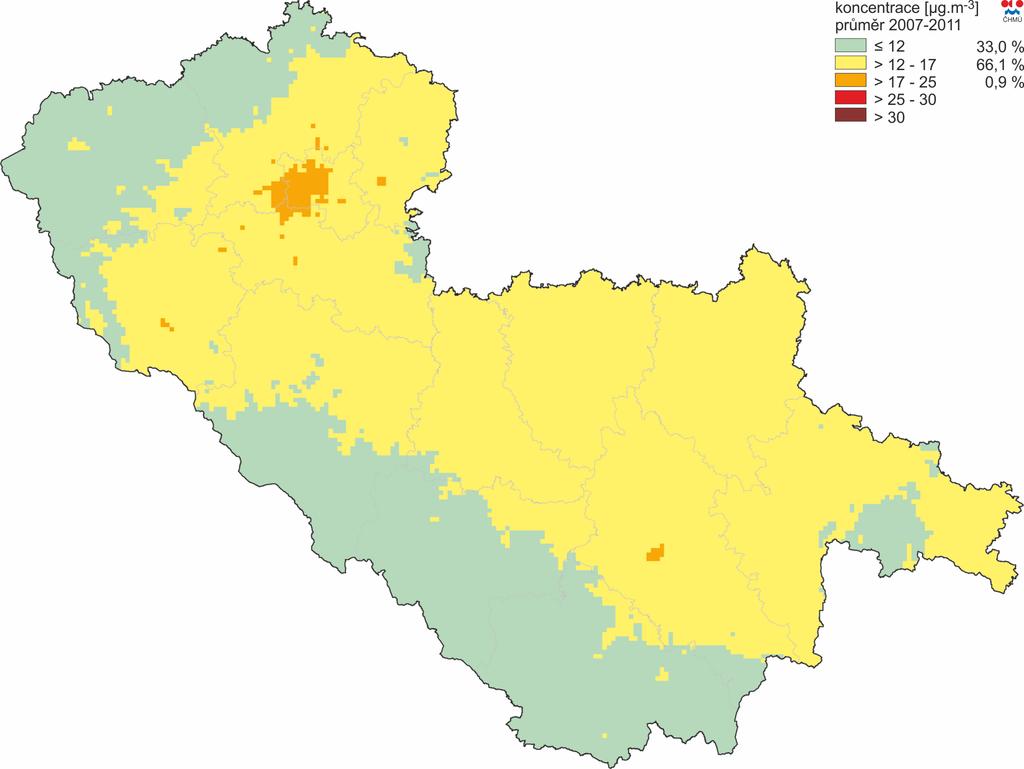 Obrázek 25: Pole průměrné roční koncentrace PM 2,5, zóna Jihozápad, rok 2011 Zdroj dat: ČHMÚ Obrázek 26: 2007-2011 Pole průměrné roční