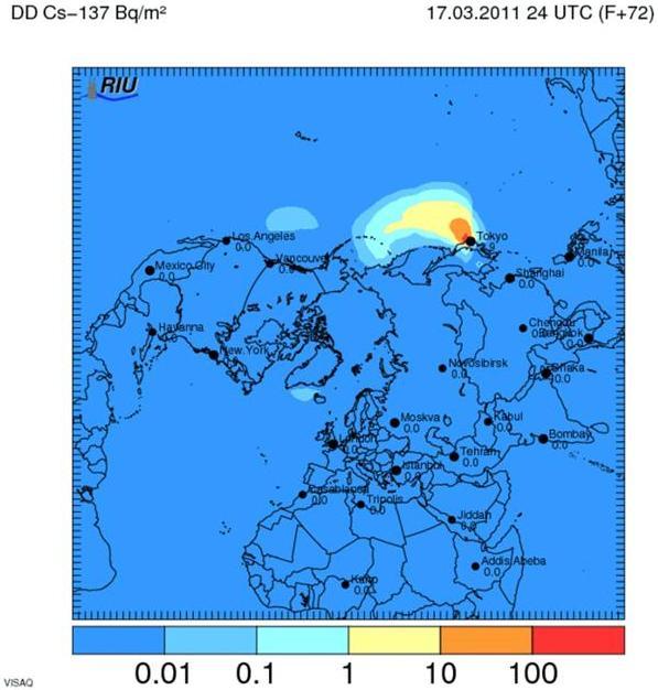 Zobrazení kumulované suché depozice 137 Cs od 17. března do 6. dubna 2011 strana 4 Radionuklidy uvolněné do atmosféry jsou unášeny se vzduchovými masami.