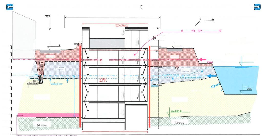 Plán výstavby podzemních garáží poblíž Labe Sled vrstev : 1 navážka aluviální náplavy,
