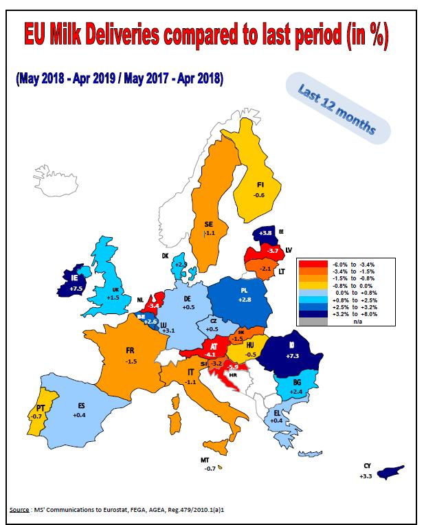 Dodávky mléka v EU podle jednotlivých ČS (%) duben 2019/duben 2018