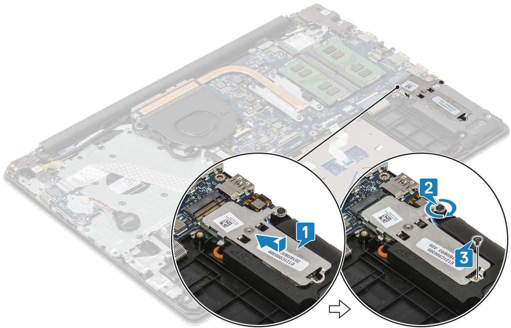 3 Zarovnejte drážky na disku SSD s výstupkem na slotu disku SSD. 4 Zasuňte a vložte disk SSD do slotu disku SSD [1].