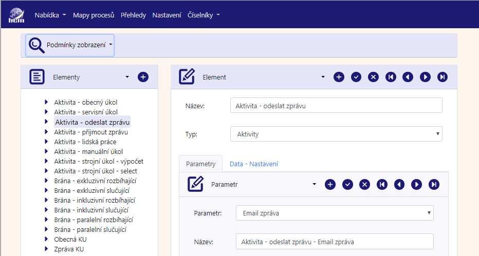 Import modelu, volba umožňuje přístup k funkcím systému, které umožňují importovat jednotlivé procesní modely. 5.