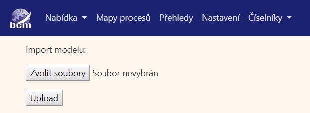 5.4 Import modelu Tento formulář je určen k importu nového procesního modelu do systému BCM.Formulář obsahuje výkonná tlačítka pro výběr souboru a vlastní import souboru.