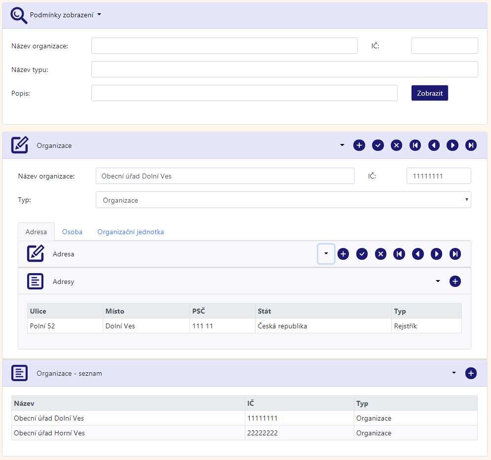 9.2 Organizace Uživatelské rozhraní formuláře je určeno k definici a správě organizací a je složeno ze dvou částí: Formulář Podmínky zobrazení, je určen k omezení zobrazení evidovaných organizací