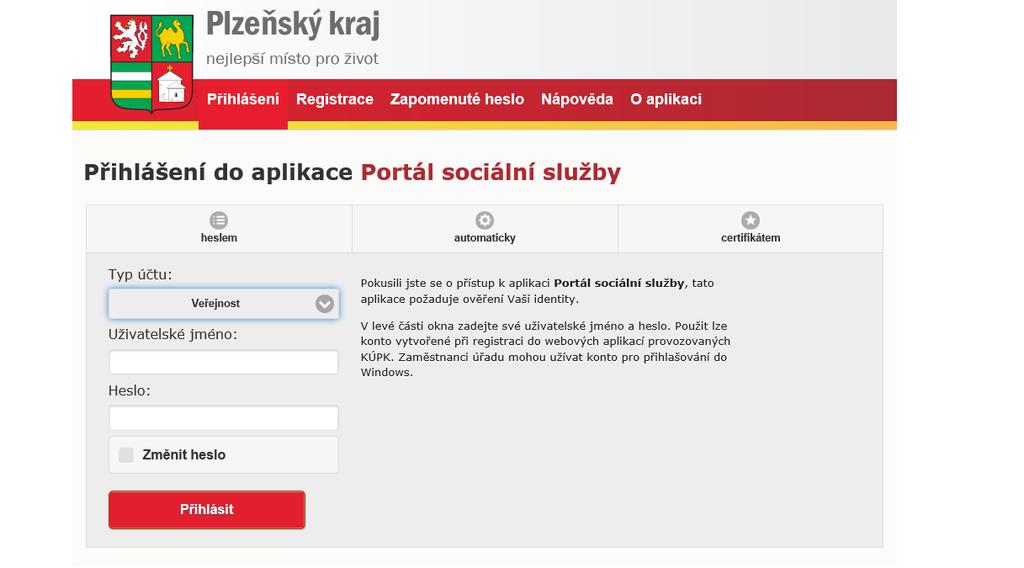 Po přihlášení se Vám zobrazí portál Sociální služby v Plzeňském kraji, kde již v pravé části v přihlašovací liště uvidíte své jméno, pod kterým jste se přihlásili.