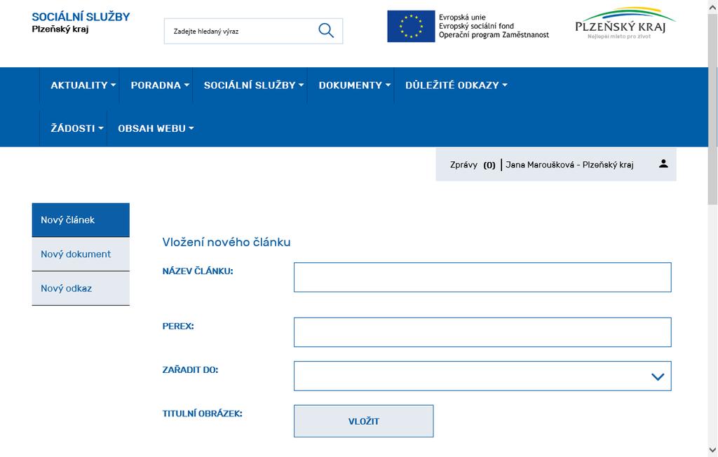 2. Obsah webu Pod touto záložkou je možné vytvářet nový obsah webového portálu, přidávat nové články, dokumenty, odkazy a editovat své příspěvky a sledovat stav jejich schválení administrátory. 2.1.