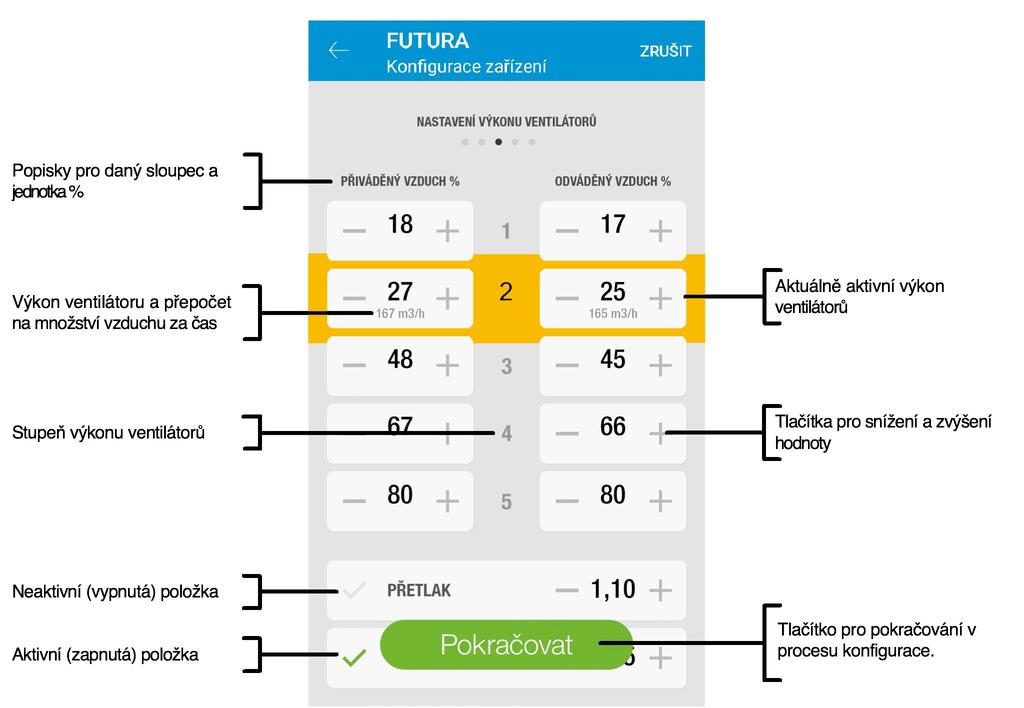 Nastavení výkonu ventilátorů (někdy se používá termín "balancování") pro jednotlivé úrovně výkonu a nastavení koeficientu výkonu ventilátorů pro funkci Přetlak a Protiradonová ochrana.