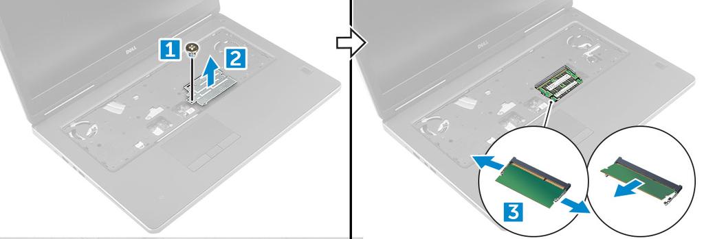 Montáž sekundárního paměťového modulu 1 Vložte paměťový modul do příslušného slotu. 2 Zatlačením na svorky zajistěte paměťový modul na základní desce.