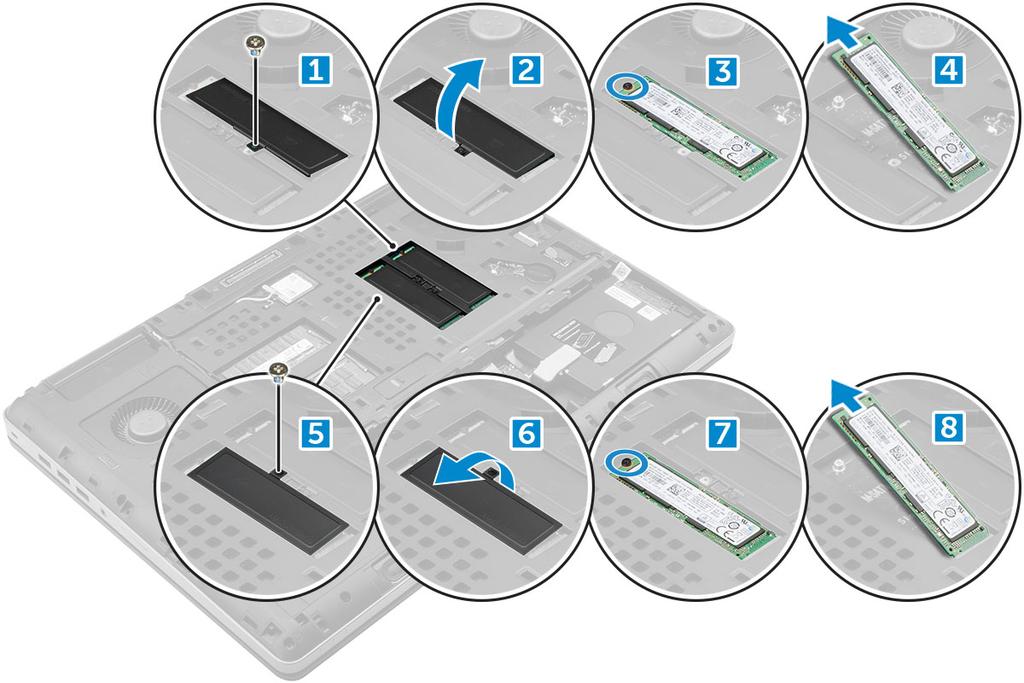 Montáž modulu disku SSD M.2 1 Vložte disk SSD do příslušného slotu. 2 Zašroubujte šrouby M2.0x3.0, kterými je disk SSD připevněn k počítači. 3 Položte na disk SSD chladicí desku.