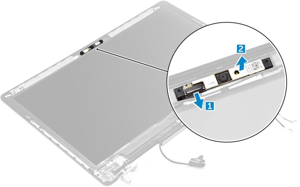 d e f g h pevný disk klávesnice opěrka rukou sestava displeje čelní kryt displeje 3 Postup demontáže kamery: a Sloupněte kabel edp a vyjměte kabel kamery z počítače [1].