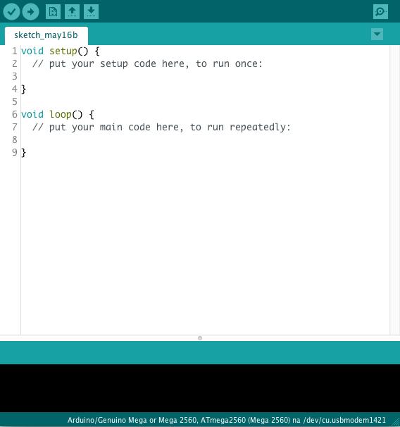 Obrázek 6. Vývojové prostředí Arduino IDE Jak můžeme vidět na ukázce na obrázku 6, toto prostředí je velmi jednoduše členěno. V horní části se nacházejí tlačítka pro práci s vytvořeným kódem.