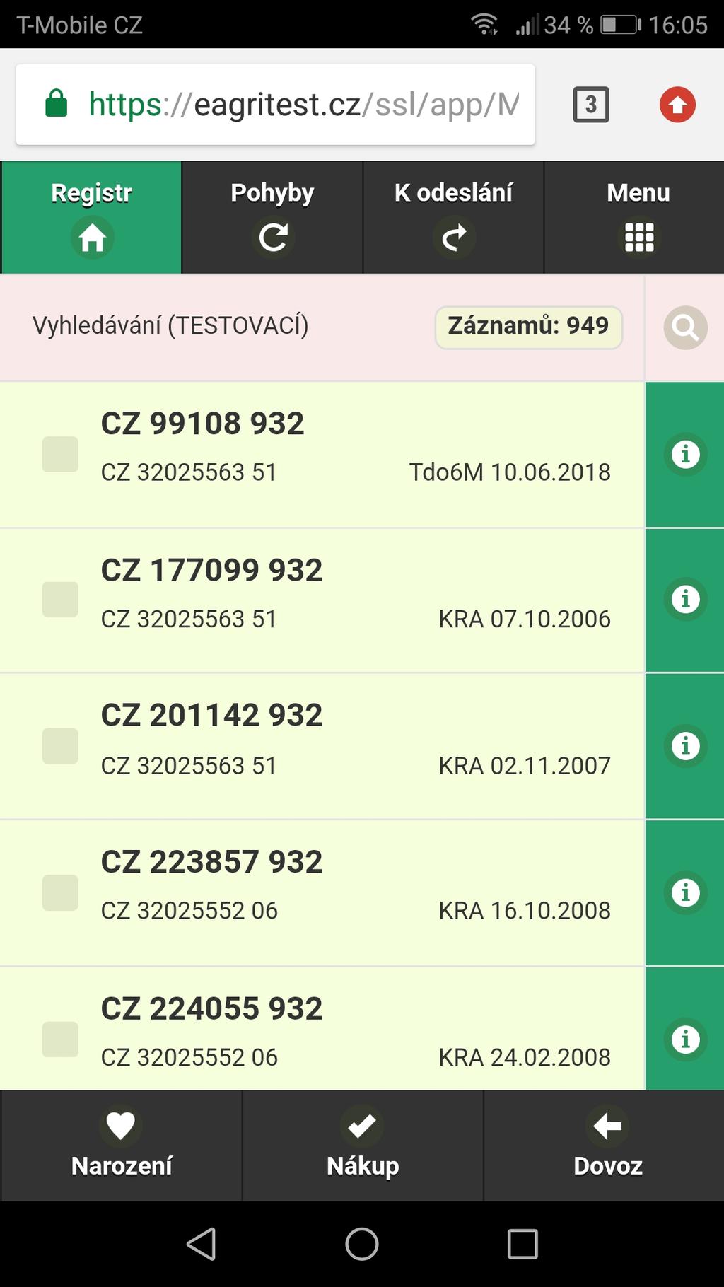 Stájový registr Počet vyhledaných zvířat Záložky Vyhledávání Ušní známka Detail zvířete Provozovna a stáj Kategorie zvířete a datum narození Tlačítka s akcemi (navýšení počtu zvířat bez vybrání