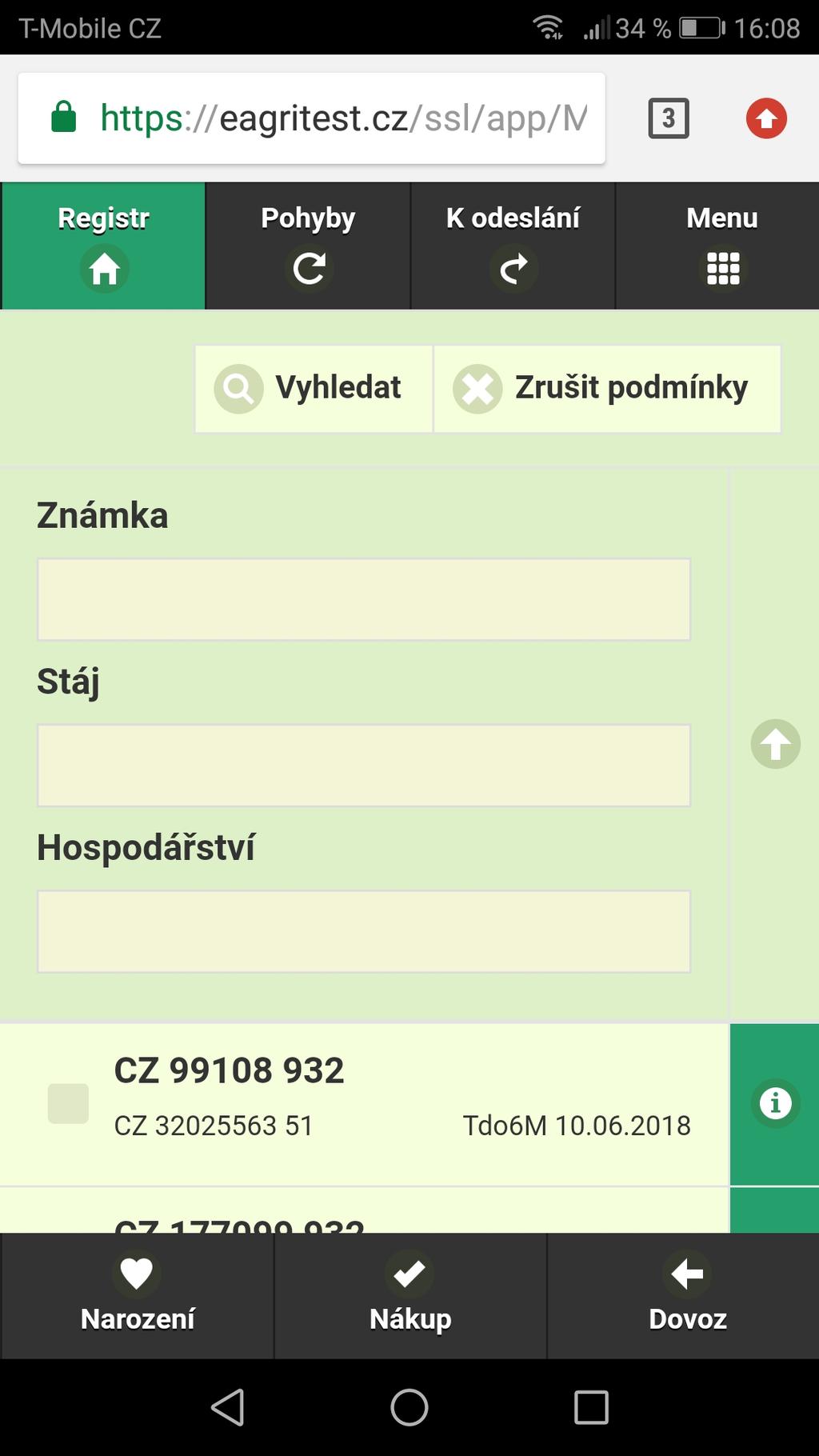 Stájový registr Funkční tlačítka pro vyhledávání Výběr konkrétní stáje ze seznamu stáji Obrázek 4. Vyhledávání v mobilní verzi stájového registru 4.