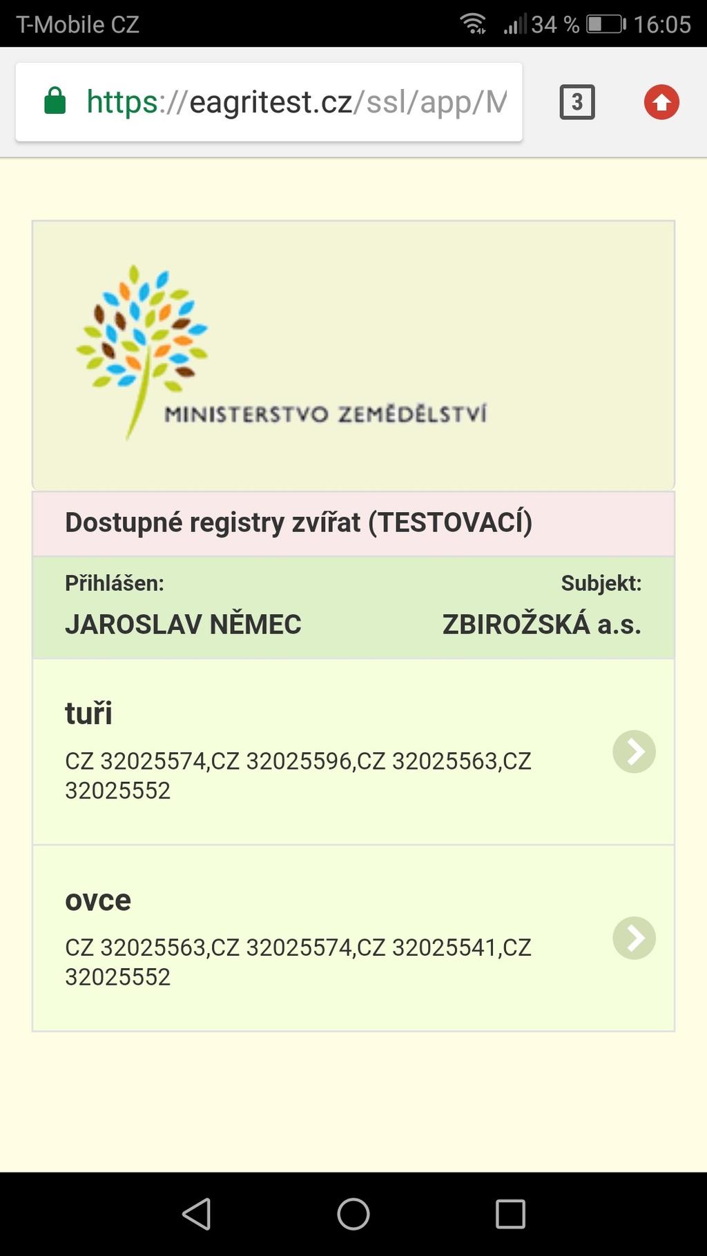 Stájový registr Obrázek 2. Úvodní obrazovka mobilní verze stájového registru 2. Dostupné funkčnosti mobilní verze SR Po výběru druhu zvířete se zobrazí SR konkrétního typu zvířat záložka Registr.