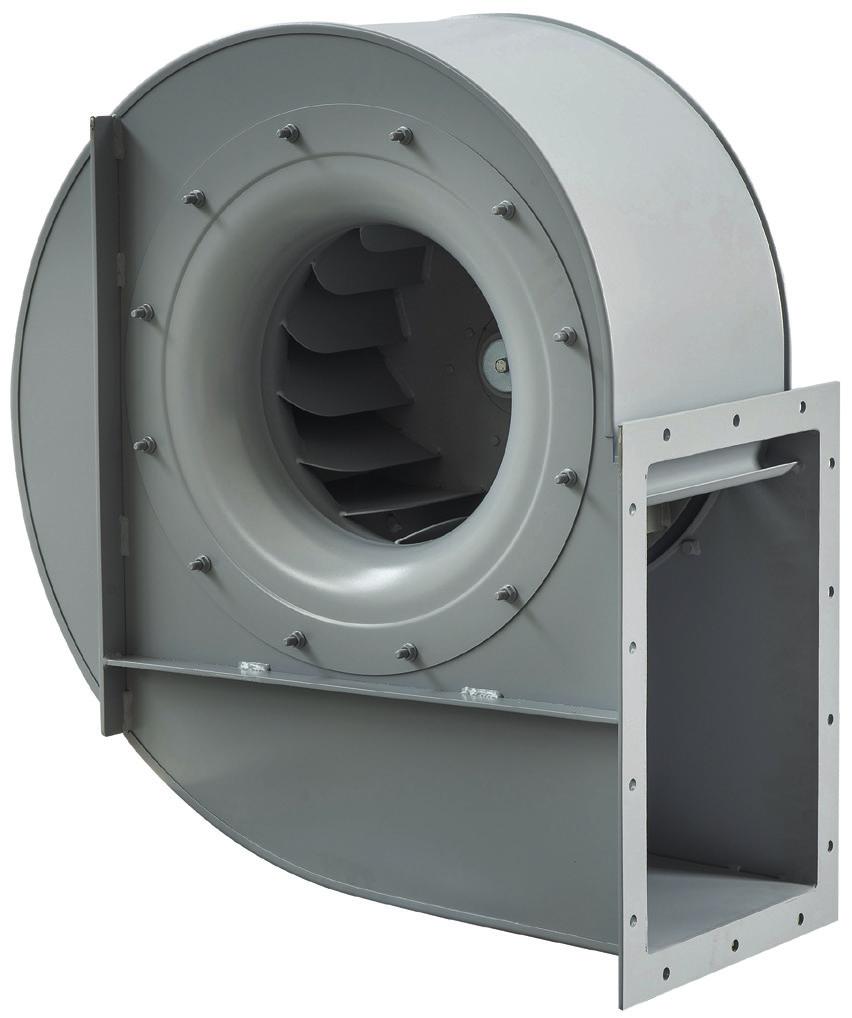 FR Jednostranně sací radiální ventilátor s motorem napřímo. Vyroben z ocelového plechu chráněného kataforezním základním nátěrem a polyuretanovým lakem.