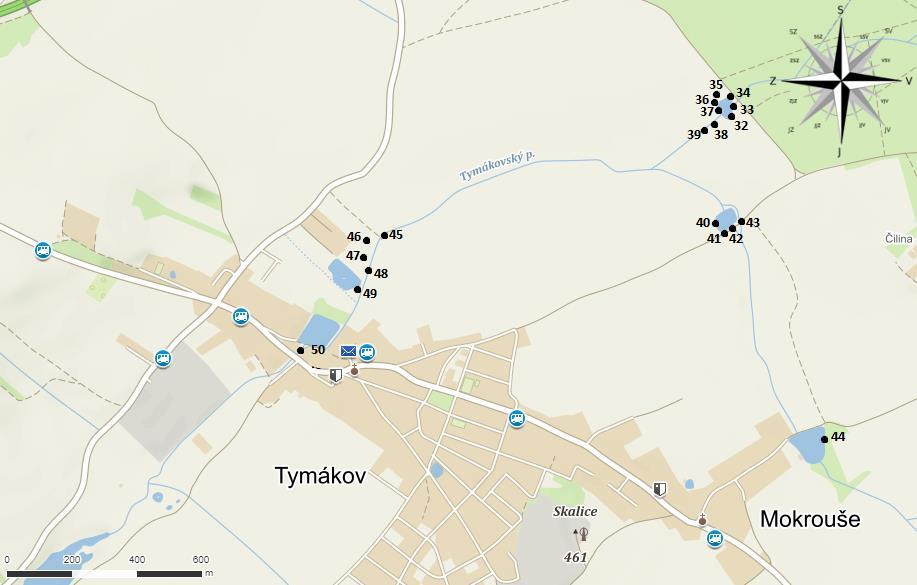 METODIKA 2.3.2 TYMÁKOV Obr. 11. Přehled lokalit na sledovaném území v obci Tymákov [1] Lokalita 32 GPS souřadnice: 49.7262792N, 13.5259964E; 422 m n. m.; datum sběru: 16. 9. 2017.