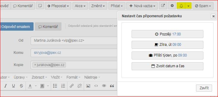 Připomenutí požadavku v určitý čas U existujících požadavků je možné si aktivovat připomenutí a