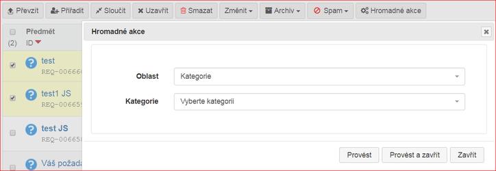 Hromadné akce nad přehledem požadavků Hromadné akce byly rozšířeny o kategorie a štítky.