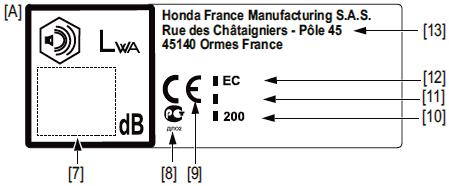 [7] Hladina hluku, garantovaná podle předpisu 2000/14/EC, 2005/88/EC [8] Schvalovací značka shody pro Rusko [9] Schvalovací značka CE podle upraveného