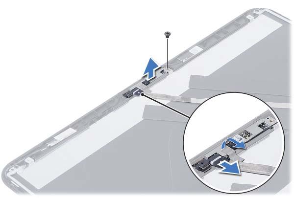 1 Vyjměte šroub připevňující modul kamery k zadnímu krytu displeje. 2 Odpojte kabel kamery od modulu.