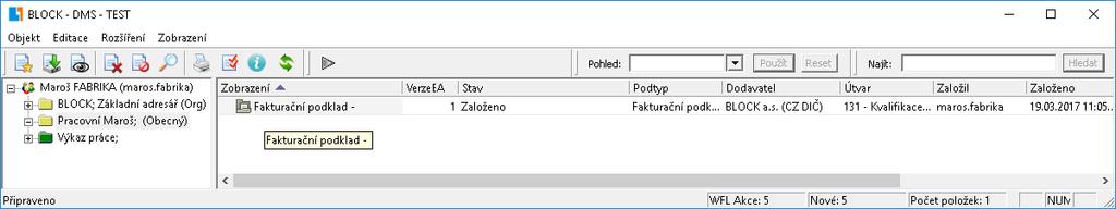 7. Po OK se dokument zavře a objeví se v seznamu dokumentů v pravé části DMS. 8. Opětovné zobrazení vlastností dokumentu lze vyvolat: a. Alt + dvojklik b.