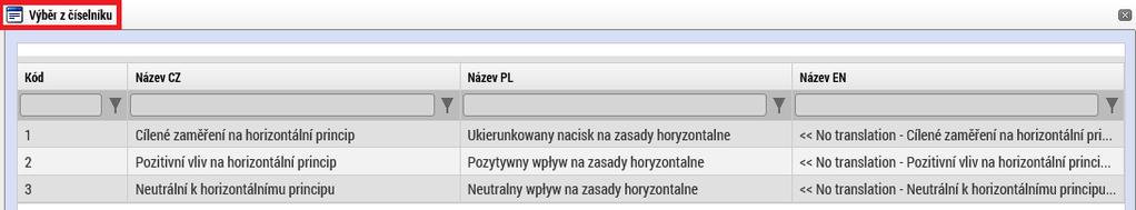 Horizontální principy V rámci horizontálních principů projektu postupně vyberte všechny Typy horizontálního principu a