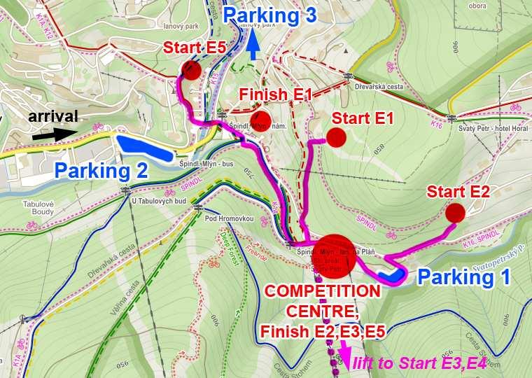 Pořadatel: Orienteering Adventure, z.s. Centrum závodu: SkiAreál Svatý Petr, GPS: 50.7198458N, 15.6151053E Základní informace Co Kdy Start Kde Na start E1 - sprint 7.8. 10:00 město Špindlerův Mlýn 800m/60m Noční 7.