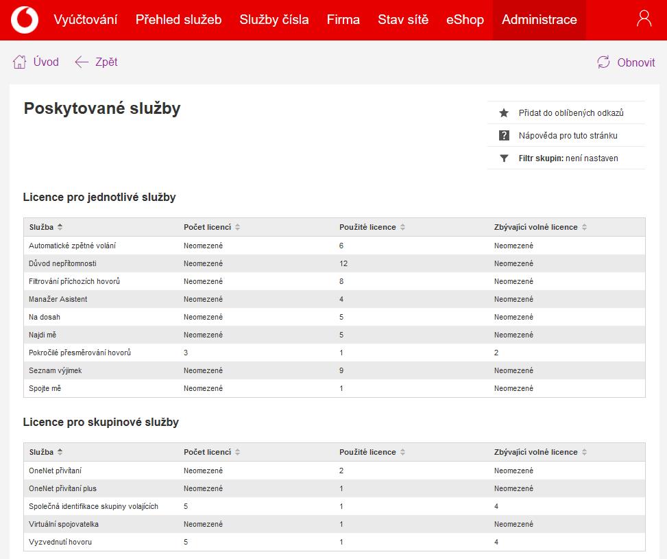 Ostatní Poskytované služby Rychlý přehled o zbývajících volných licencích pro jednotlivé doplňkové uživatelské a skupinové služby (např. OneNet přivítání, OneNet přivítání plus atp.).