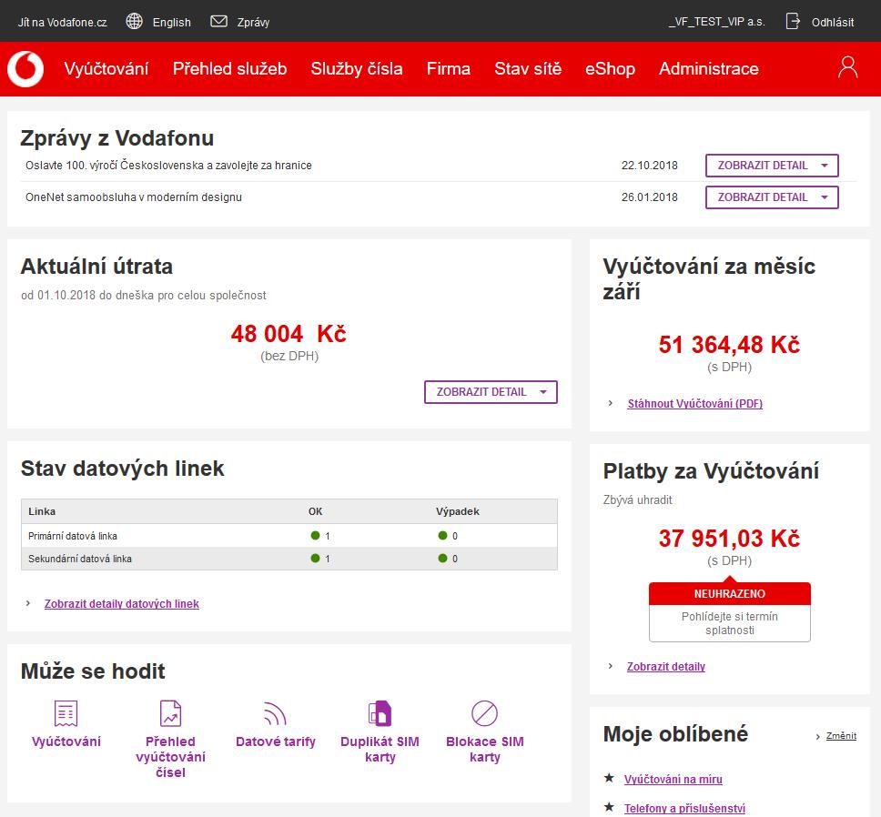 Homepage aneb hlavní domácí stránka V hlavičce, tedy horní části stránky je k dispozici odkaz na veřejné stránky vodafone.cz, možnost změny jazyka samoobsluhy.