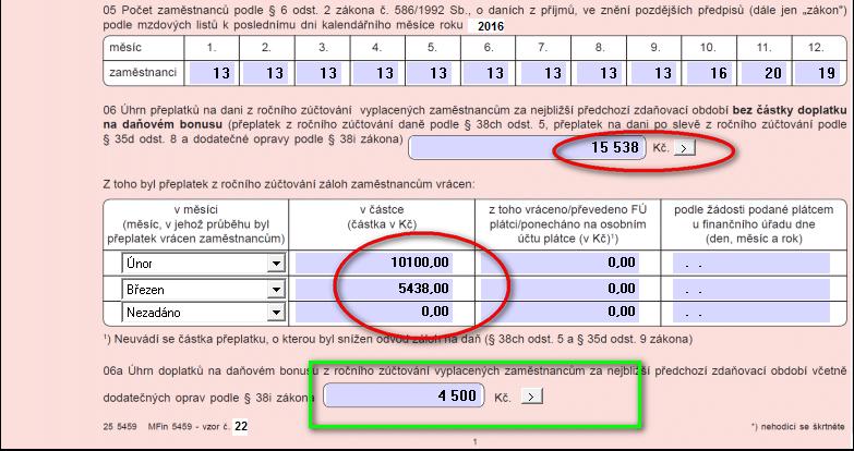 na straně 1 - vyplnění měsíců, ve kterých bylo roční zúčtování daně proplaceno -